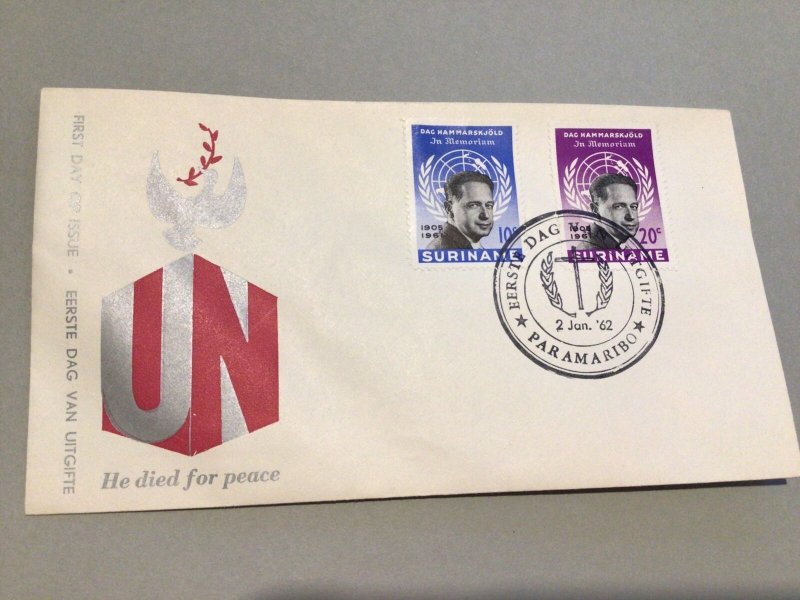 Suriname 1962 Dag Hammarskjöld He Died For Peace  stamps postal cover Ref 64607 