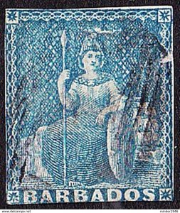 BARBADOS 1855 QV 1d Pale Blue SG9 FU