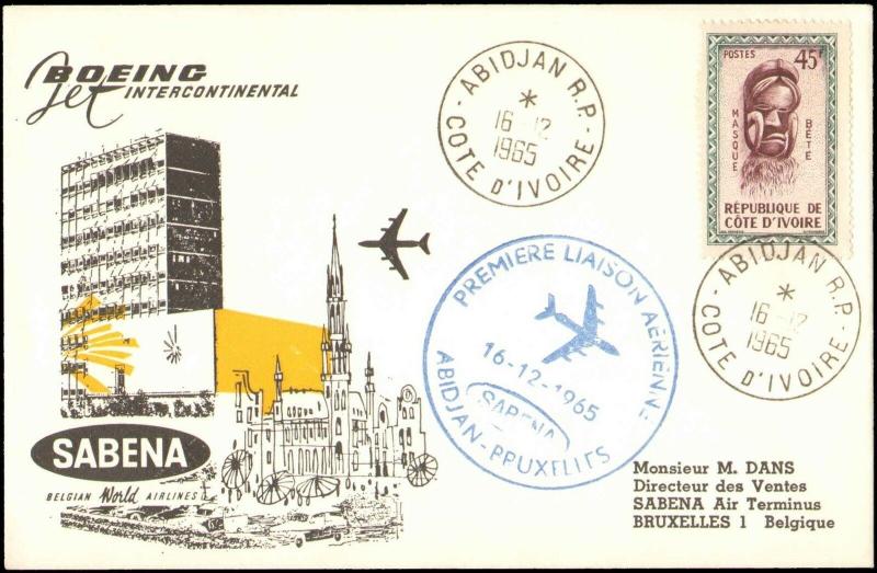 1965 IVORY COAST FIRST FLIGHT CACHET SABENA AIR TO BELGIUM