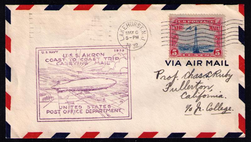 USS Akron 1932 Zeppelin Cover ~ Lakehurst First Flight