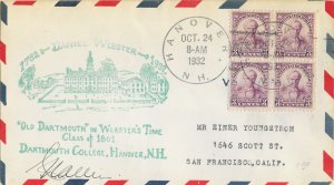 1932 FDC, #725, 3c Daniel Webster, C. N. Allen, block of 4