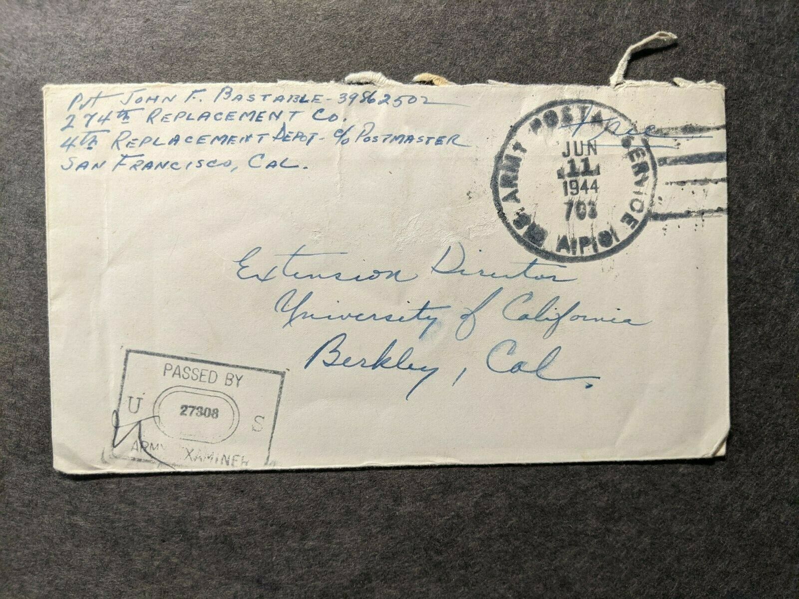 APO 703 MILNE BAY, NEW GUINEA 1944 Censored WWII Army Cover 274 Repl Co ...