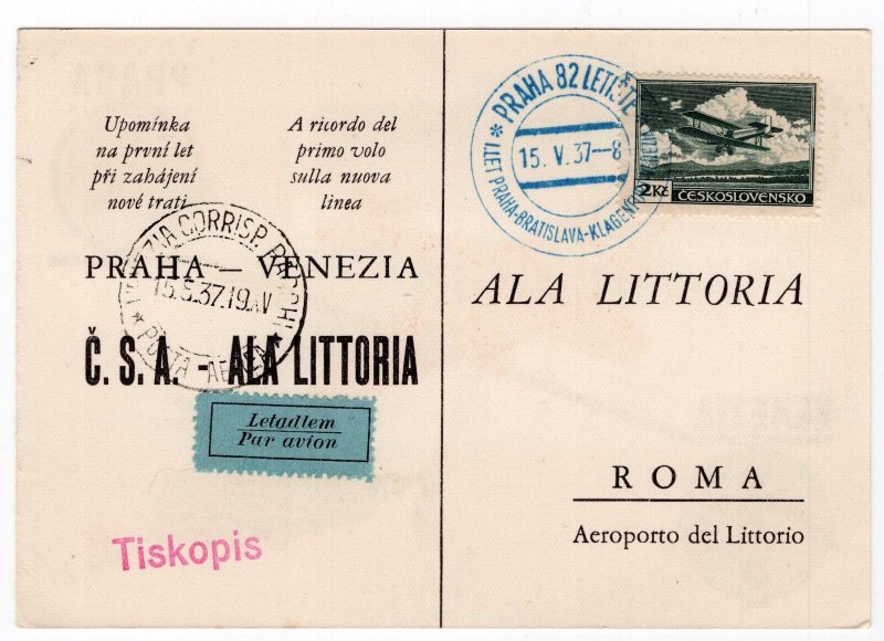 CZECHOSLOVAKIA 1937 PRAGUE VENICE VENEZIA DIRECT AIRMAIL POSTCARD SEE SCANS (1)