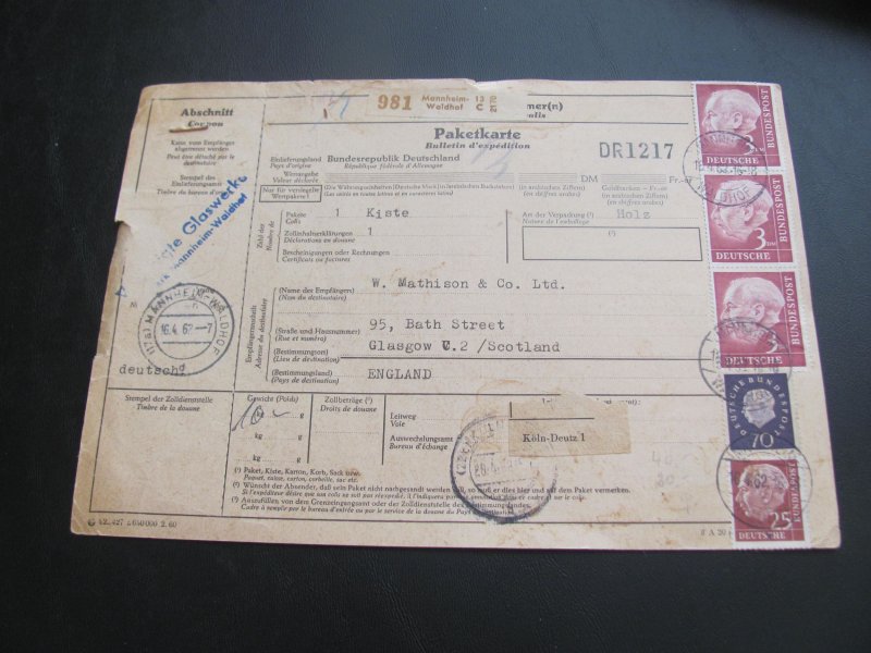 GERMANY  1954 HEUSS HIGH VALUE ON A PACKET TO SCOTLAND   VERY NICE (155)