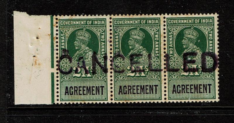 India 1923 2A Agreement Rev Specimen Strip of 3 MLH / 2NH / Toned Gum - S1904