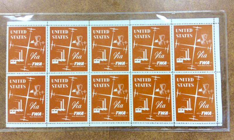 TWA Vintage poster stamp labels, mint pane of 10 : US VIA TWA