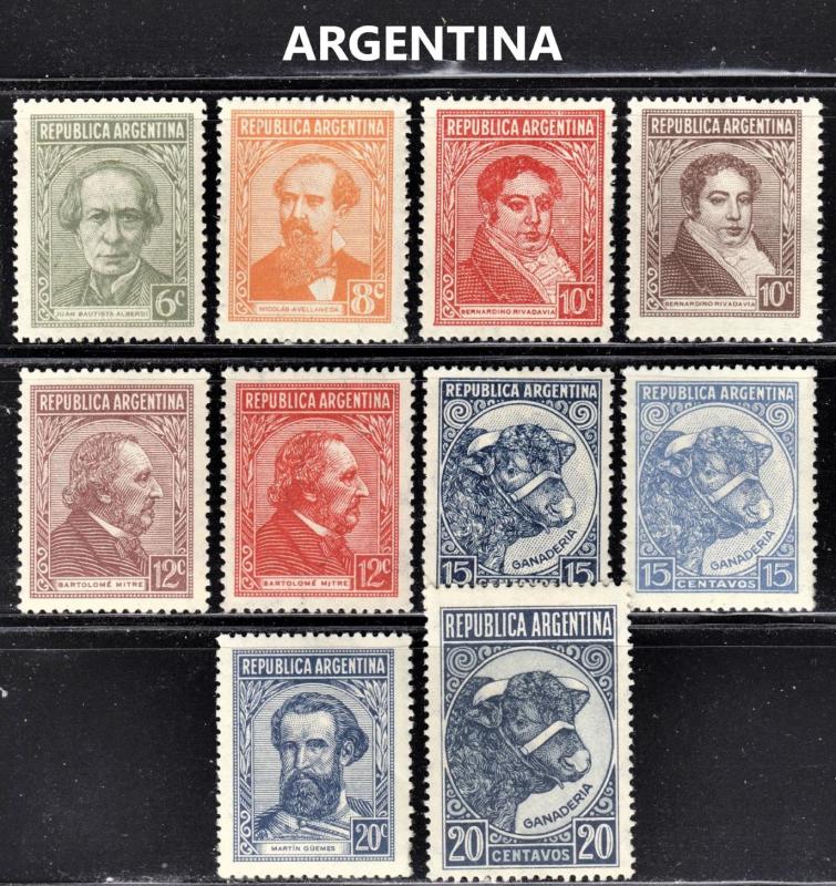 Argentina Scott 428-35, 439-39A  wtmk 90  F to VF mint OG NH, H or HR.