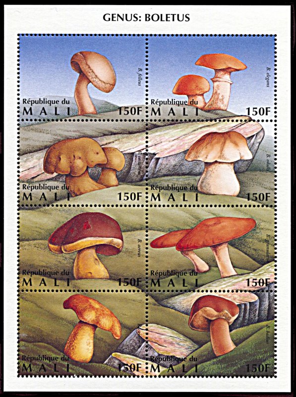 Mali 764, MNH, Mushrooms, Genus Boletus miniature sheet of 8