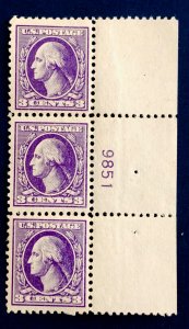 US scott# 530 MNH OG VF strip of 3 with plate # well centered 1918 3c Washington