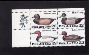 U.S.#2141a Duck Decoys 22c Zip Mixed Block of 4, MNH.
