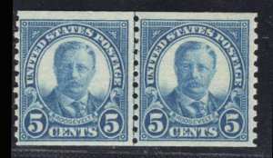 MOMEN: US STAMPS #602 5c COIL LINE PAIR MINT OG NH LOT #79795-6