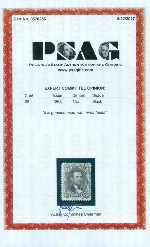 EDW1949SELL : USA 1868 Sc #98 Used Nice stamp w/purple cancel PSAG Cert Cat $425