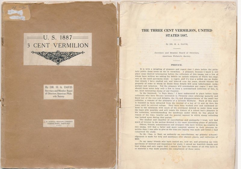 LITERATURE USA 1887 3c Vermillion, 22 pgs monograph by H A Davis. 