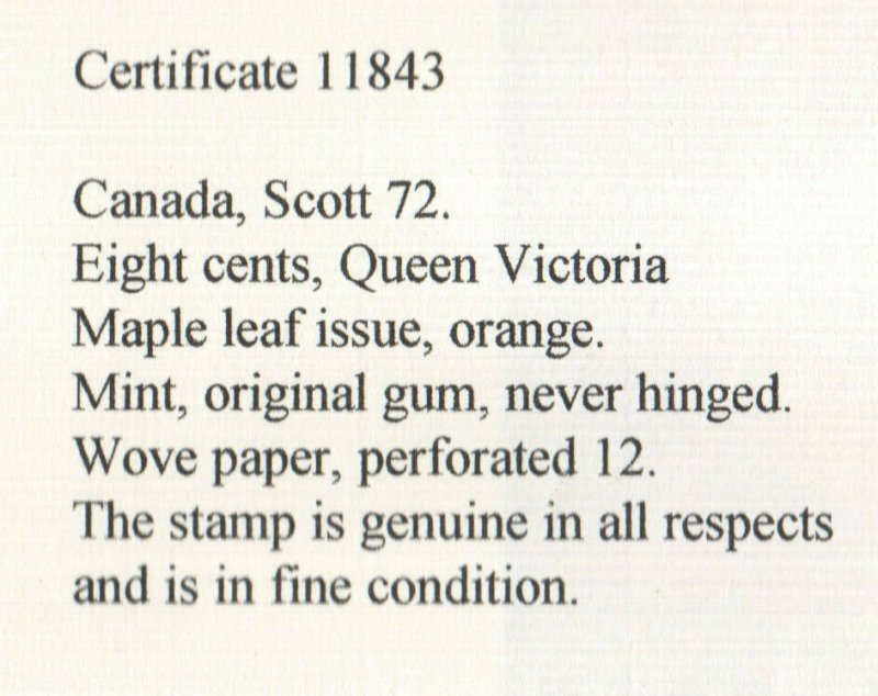 Canada #72 Mint Fine+ Never Hinged **With Certificate**
