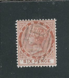 TOBAGO 1885-96 6d ORANGE-BROWN SLASH FLAW FU SG 23a CAT £275