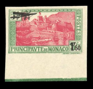 Monaco #C1var, 1933 1.50fr on 5fr, imperf. sheet margin single, never hinged