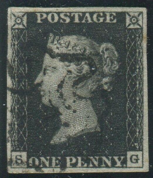 Sg 2 1d Black Plate 1b SG. A very fine used 4 margin example with Black Cross