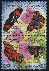 Uruguay #2000 Butterflies 12p Postage Block Stamps Latin America 2003 Mint LH