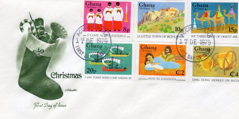 GHANA  1979 Sc# 692/697  CHRISTMAS CAROLS IMPERFORATED SET (6) FDC