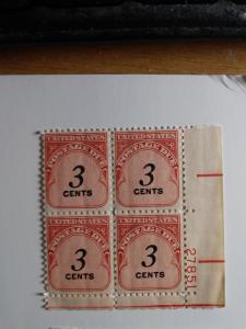 SCOTT # J91 THREE CENT UNITED STATES POSTAGE DUE PLATE BLOCK BEAUTIFUL