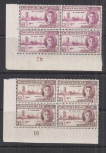 MONTSERRAT, 1946 Victory pair, Plate # blocks of 4, mnh.