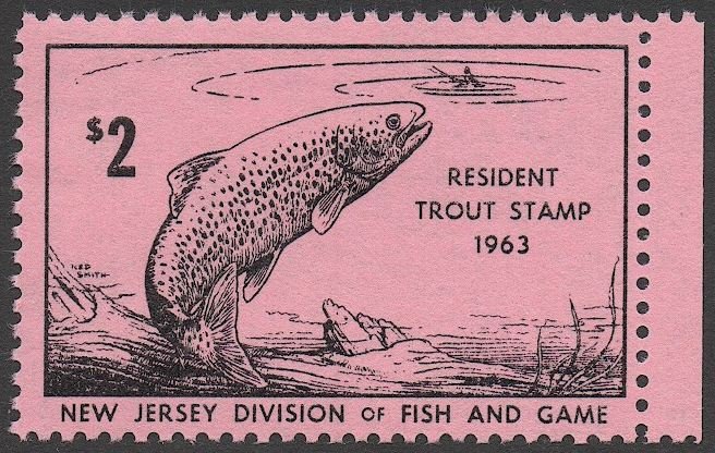 US New Jersey 1963 $2 Resident Trout Fishing License stamp, Mint NH VF |  United States, Back of Book (Other) Stamp