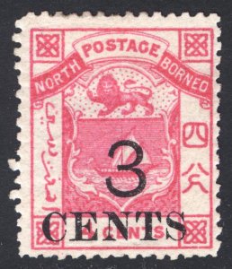 North Borneo 1886 3c on 4c Rose (SG Pink) Perf 14 Scott 15 SG 18 MLH Cat $130