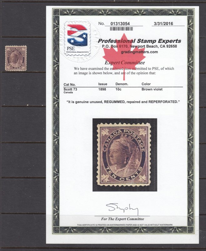 Canada #73 10c Victoria (Mint but has problems - see PSE Certificate) cv$500.00