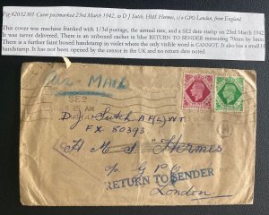 1942 London England Airmail Cover To DJ Sutch Air Fitter HMS Hermes