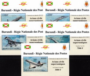 Burundi 2012 Sc#1257 SUPERSONIC AIRCRAFT-CONCORDE 5 Souvenir Sheets MNH