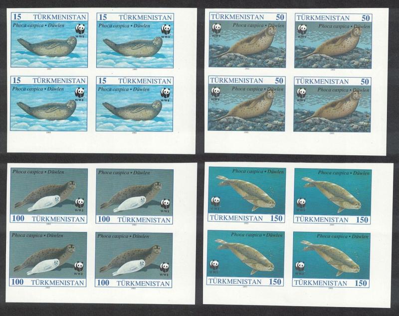 Turkmenistan WWF Caspian Seal 4v Corner Blocks of 4 IMPERF - RARR! SG#32-35