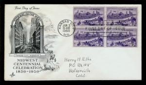 FIRST DAY COVER #994 Kansas City Centennial 3c Block of 4 ARTCRAFT Addr FDC 1950