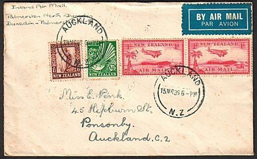 NEW ZEALAND 1936 first flight cover Auckland - Palmerston Nth - Dunedin....79488