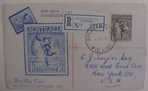 AUSTRALIA FDC 1949 SE 1 AIRMAIL BALACLAUA REGISTERED 3 US B/S