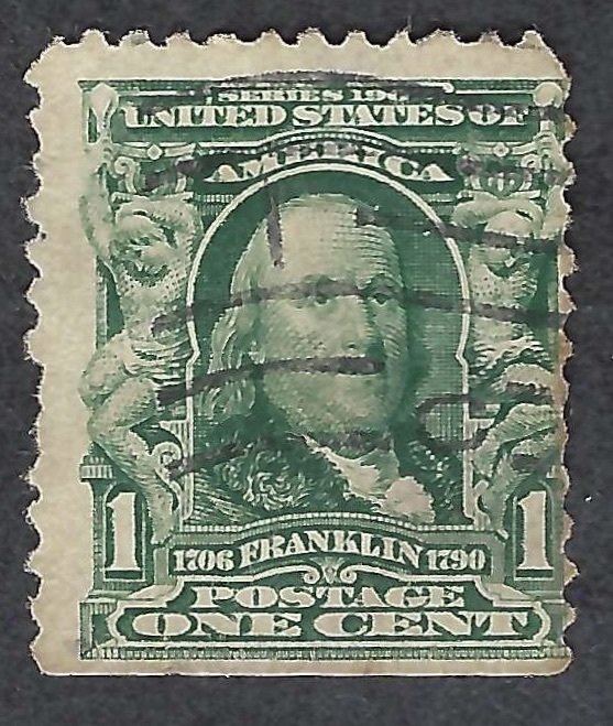 United States #300 1¢ Benjamin Franklin (1902-03). Blue green. Used