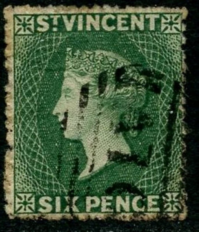 ST. VINCENT Sc#14 1871 6p Deep Green Rough Perf 14-16 Black A10 Cancel Used (gh)