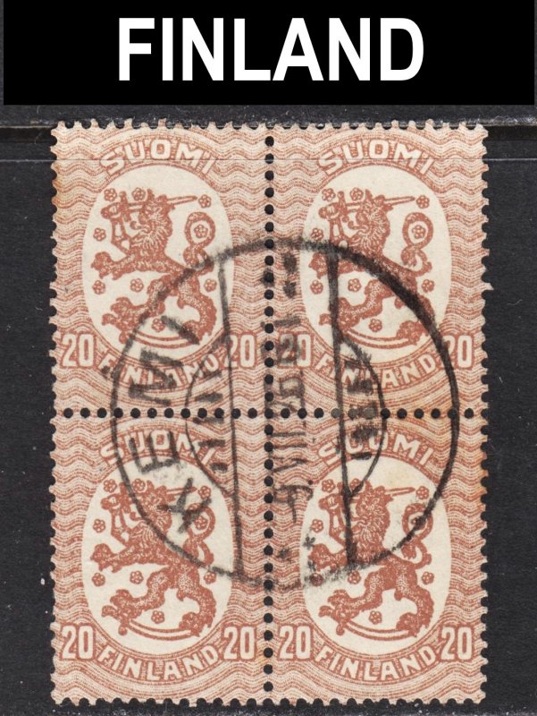 Finland Scott 90 unwtmk VF used block of 4 with a splendid SON cds.