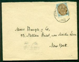 DANISH WEST INDIES 1901, 10¢ Bicolor tied St Thomas on cover to New York (bkstp)