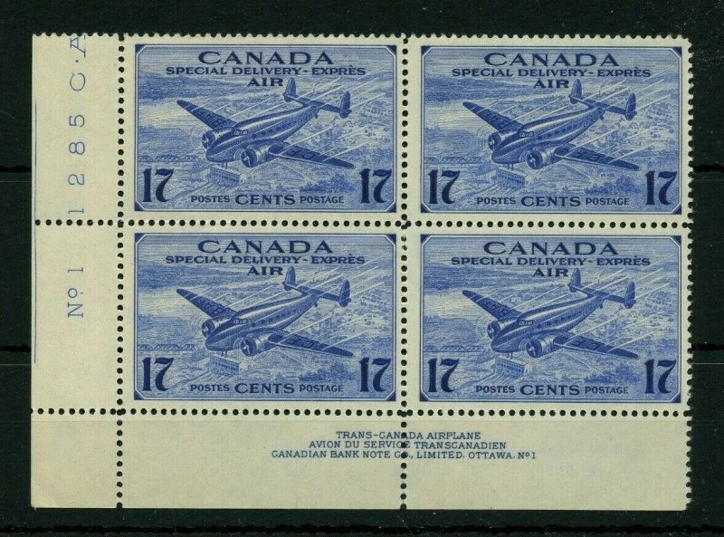 CE2 17 cent airmail sp del plate block NO.1 LL VF MNH Cat$36 Canada Stamps