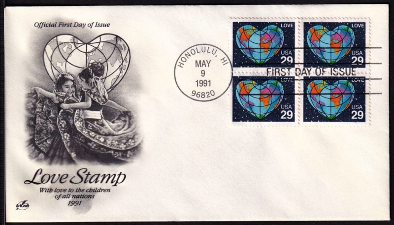 1991 Love stamp heart Earth Sc 2535 FDC block of 4 with ArtCraft cachet