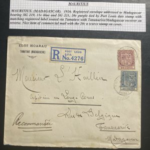 1926 Port Louis Mauritius Registered Cover To Antananarivo Madagascar