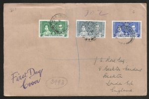 Turks & Caicos Is. 1937.   KGVI. Coronation set on fdc.