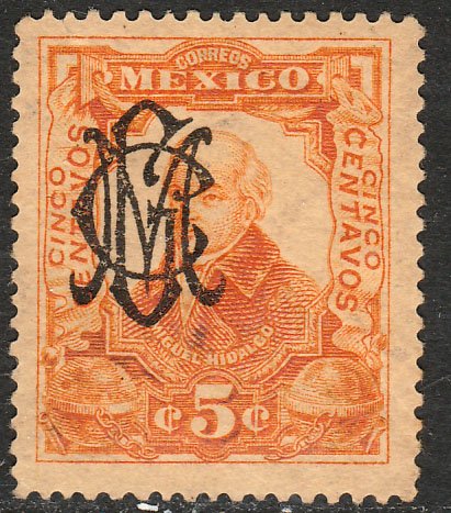 MEXICO 459 5¢ VILLA MONOGRAM REVOL OVPERPRINT UNUSED, HINGED, OG. VF.