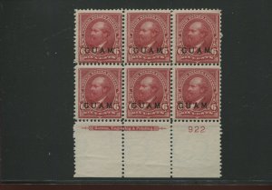 Guam Scott 6 Overprint Mint Plate Block of 6 Stamps  (Stock Guam 6-pb 1)