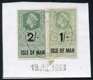 Isle of Man QEII 2/- and 1/- Key Plate Type Revenues CDS on Piece 