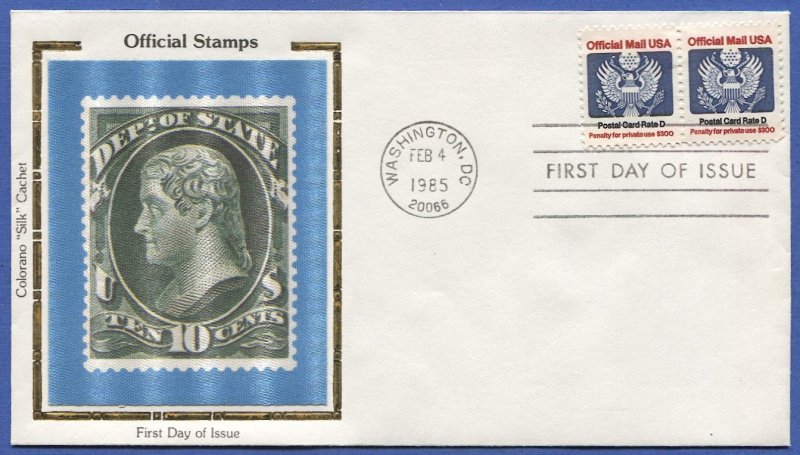 US 1985 Scott O138  14c (D) Great Seal VF Colorano Silk FDC - Eagle / Bird