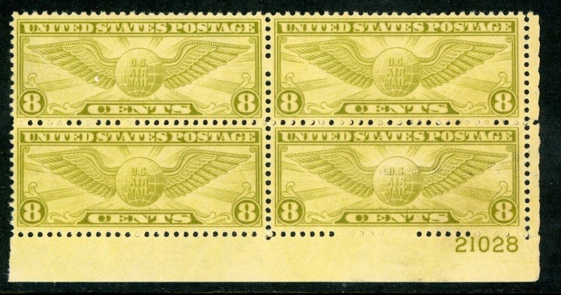 USA 1932 Airmail 8¢ Olive Green Winged Globe Scott C17 Plate Number Blk MNH G915