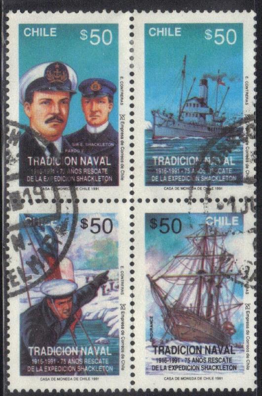 CHILE SC# 960 A-D  USED 1991 50p  BLK of 4 EXPEDITION RESCUE SEE SCAN