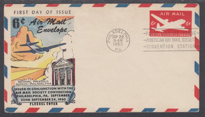 US Sc UC18 FDC. 1947 6c DC-4 Skymaster Air Mail Entire, Fluegel Color Cachet