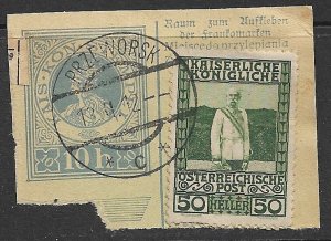 AUSTRIA USED IN POLAND 1912 50h Sc 121 on 10h PPR Piece PRZEWORSK Postmark